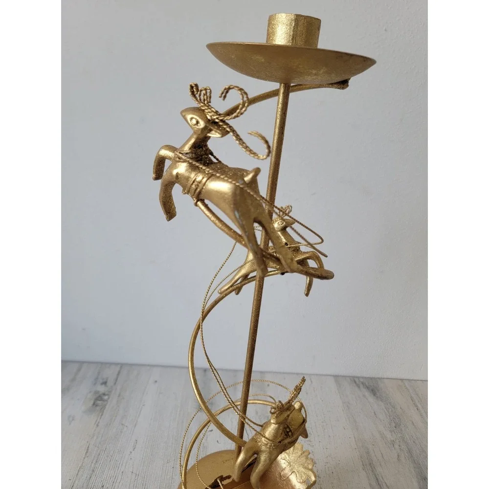 Dept 56 gold medal candlestick holder reindeer‎ Santa Claus Xmas home decor